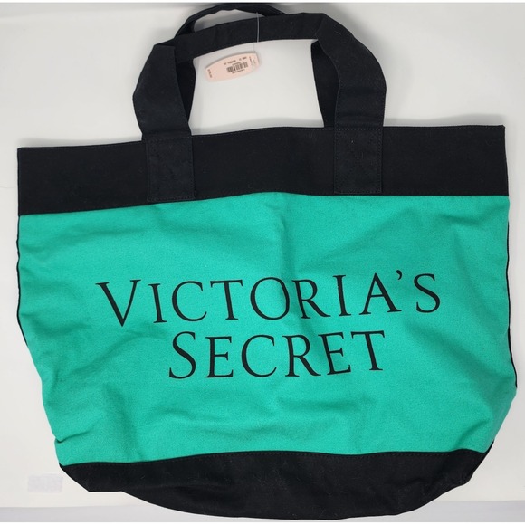 Victoria's Secret Handbags - Victoria's Secret Tote Bag Women Large Teal Blue Black Canvas Logo Colorblock